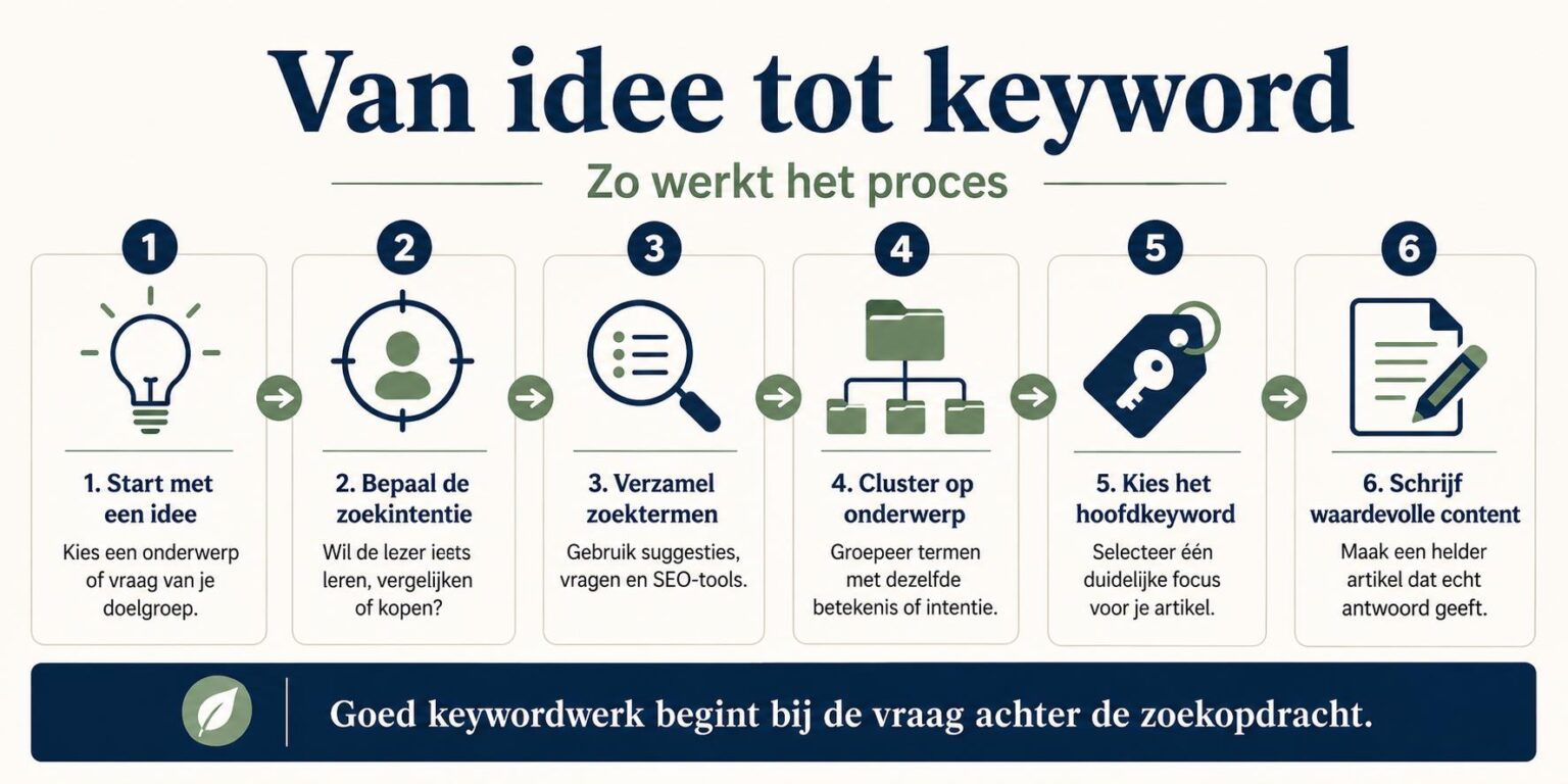 Stap-voor-stap proces van idee tot keyword: hoe je van ruw concept naar bruikbare zoekterm en waardevolle SEO-content gaat.
